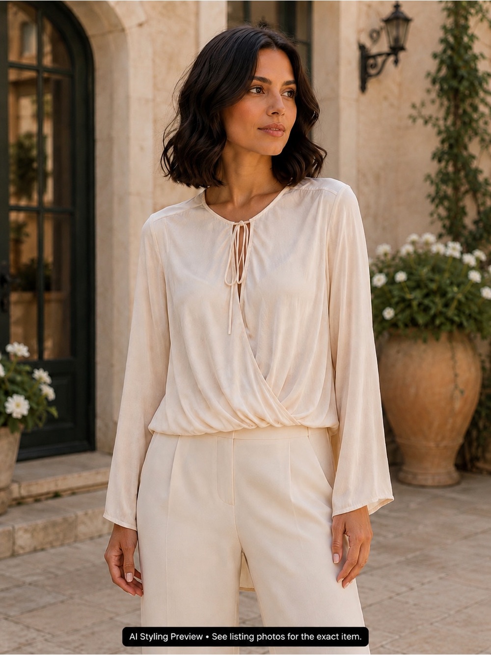 Silence + Noise Cream Faux Wrap Tie Front High Low Blouse Size S